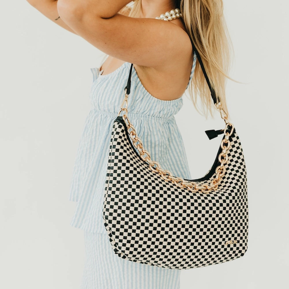 Sienna Slouchy Woven Shoulder Bag - Checkered Black/Cream