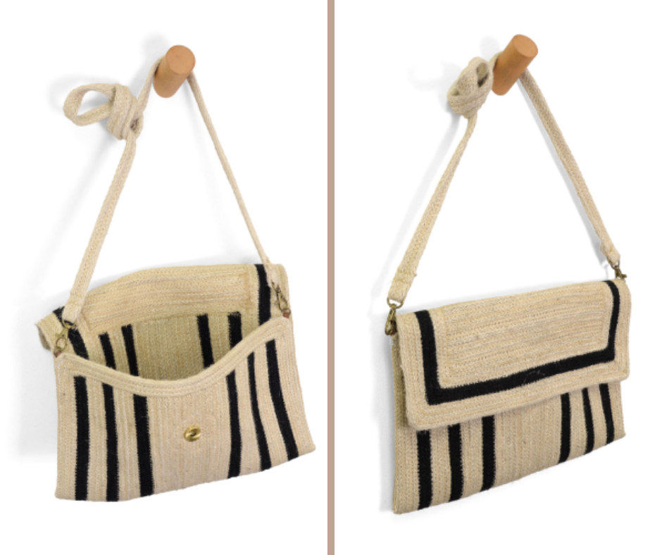 Black Geo Striped Nellie Jute Fiber Crossbody Bag