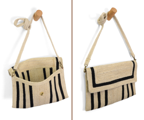 Black Geo Striped Nellie Jute Fiber Crossbody Bag