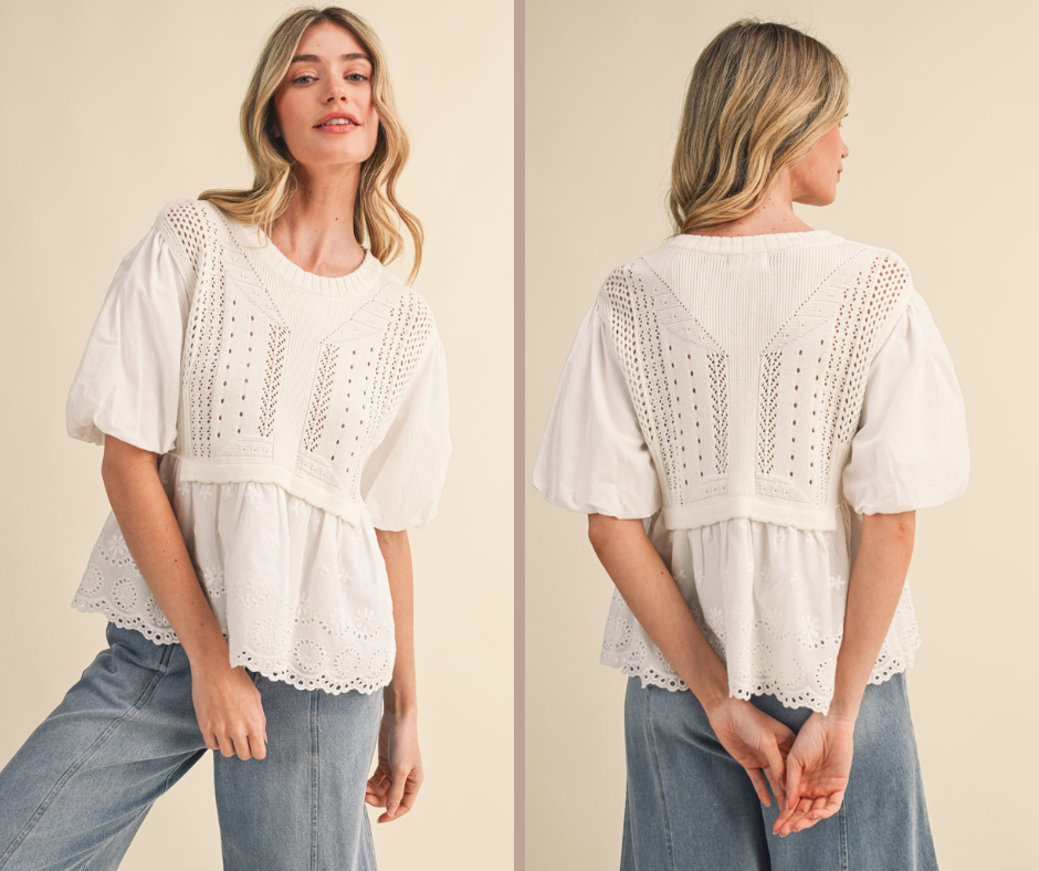 Mixed Media Bubble Sleeve Sweater Top