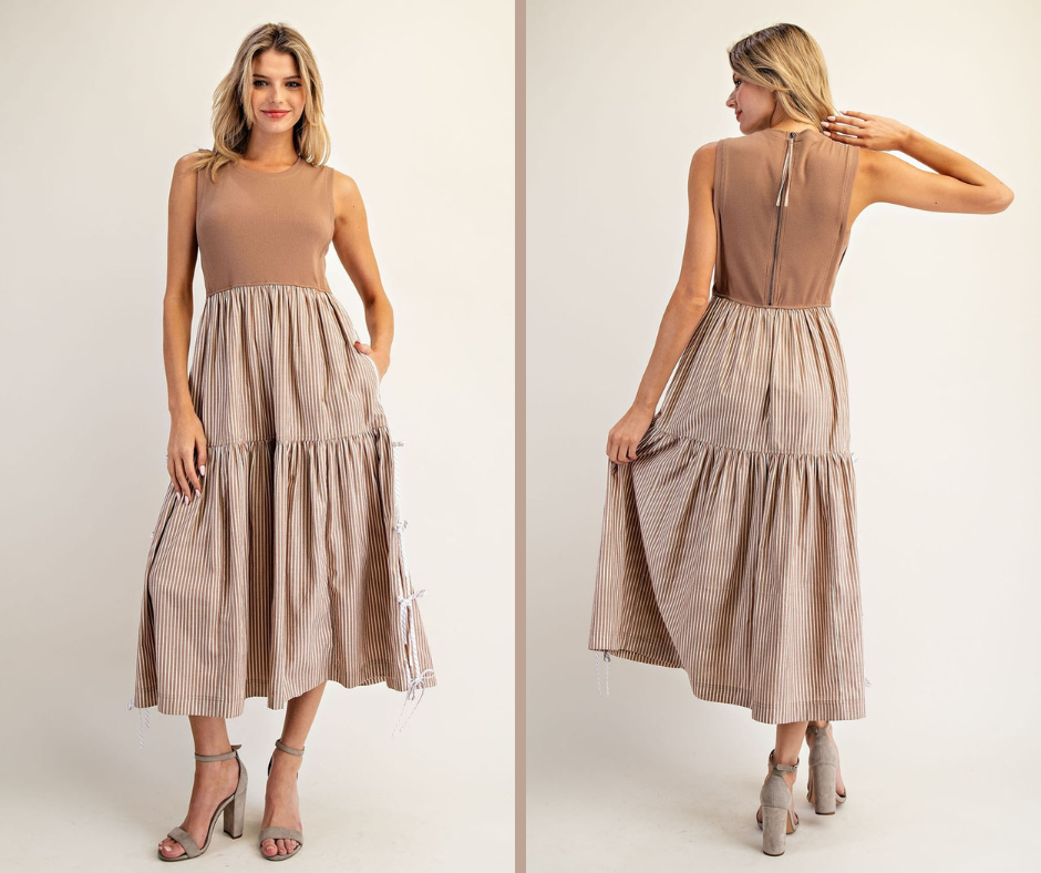 Sleeveless Striped Side Bow Midi Dress