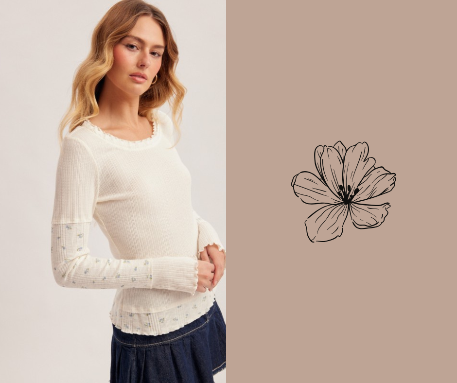Ditsy Contrast Long Sleeve Top