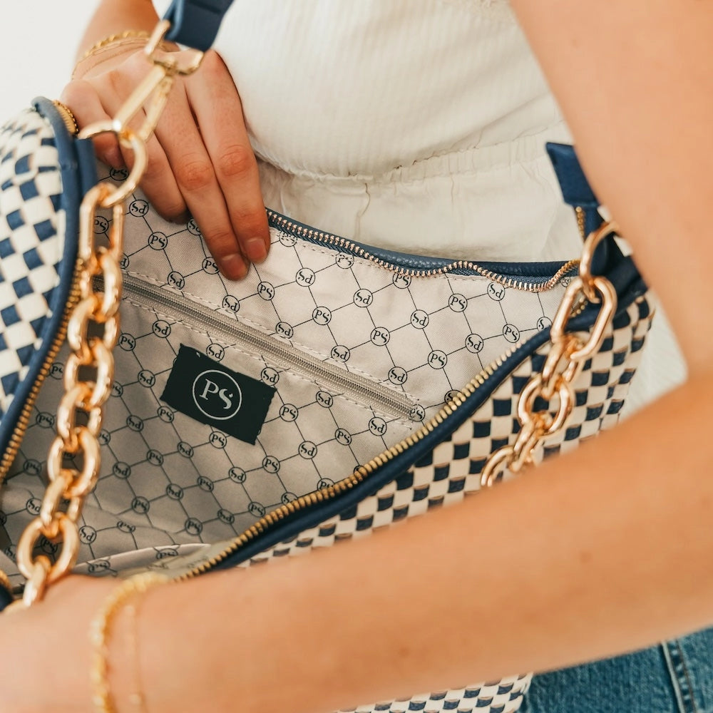 Sienna Slouchy Woven Shoulder Bag - Checkered Black/Cream