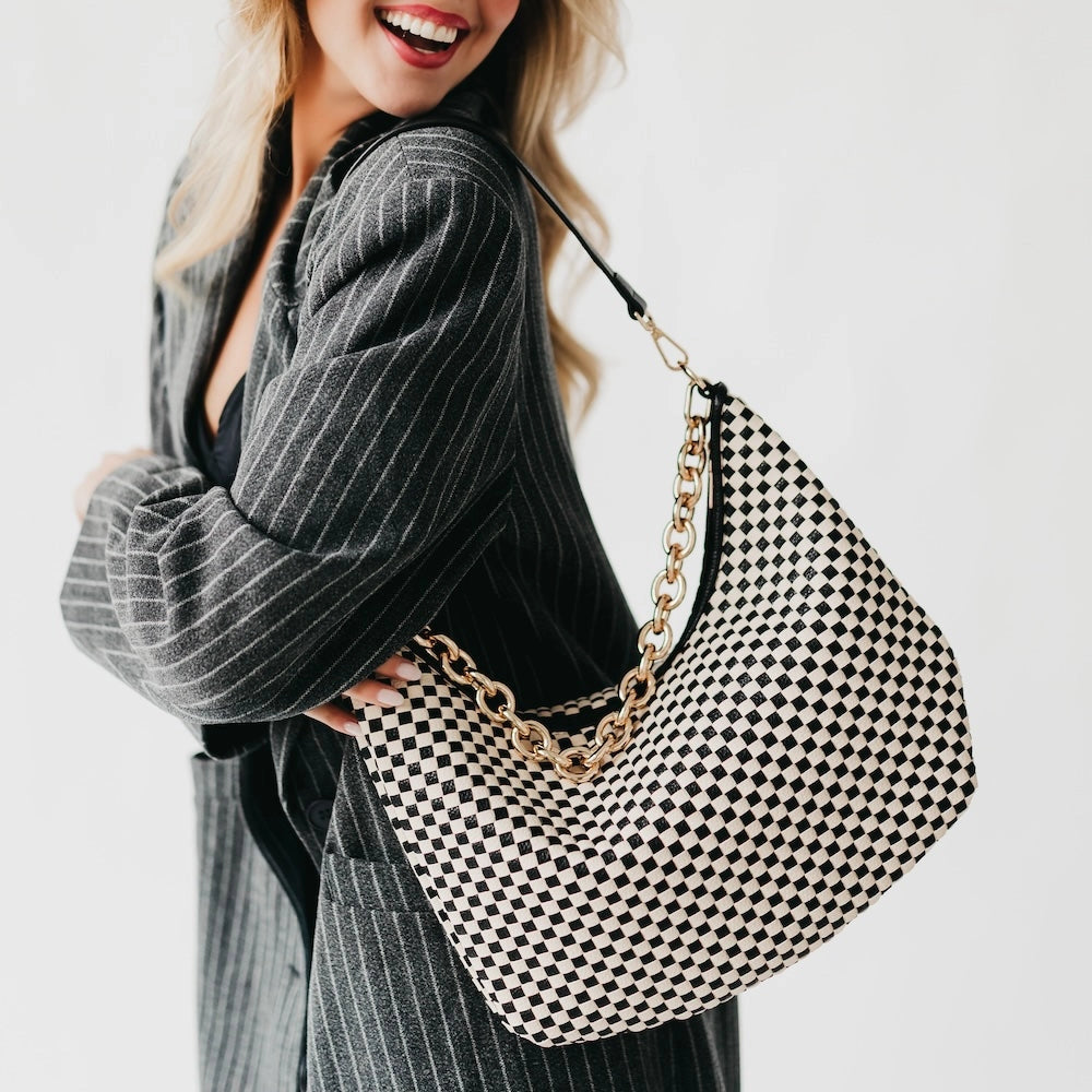 Sienna Slouchy Woven Shoulder Bag - Checkered Black/Cream