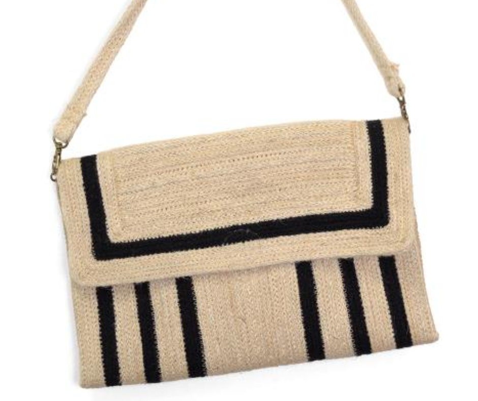 Black Geo Striped Nellie Jute Fiber Crossbody Bag