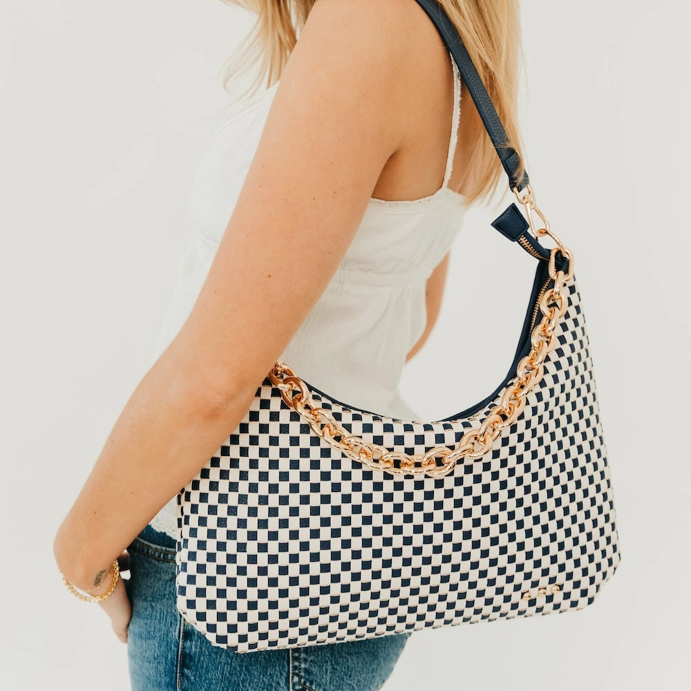 Sienna Slouchy Woven Shoulder Bag - Checkered Black/Cream