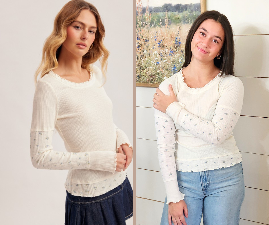 Ditsy Contrast Long Sleeve Top